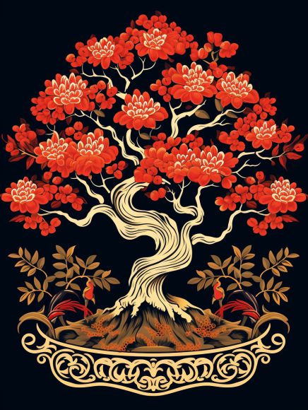 Bonsai tree depicted in traditional folk art style of Central Asia. AI-generated Traditional Folk Art, Chinese Folk Art, Chinoiserie Art, Whimsical Furniture, Central Asia, Bonsai Tree, Chinoiserie, Art Style, Folk Art