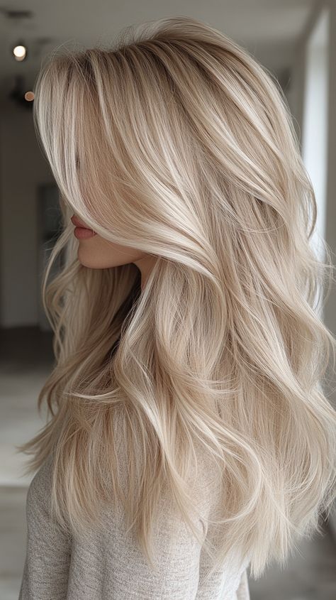 Enchanting Captivating for Platinum Blonde Hair Color Ideas 💅 Cream Platinum Blonde Hair, White Chocolate Blonde Hair, What Colors Look Good With Blonde Hair, Diamond Blonde Hair, Long Wavy Hair Blonde, Blonde Spring Hair Color, Blonde And Grey Highlights, Hair Color Ideas Pale Skin, Platinum Highlights On Blonde Hair