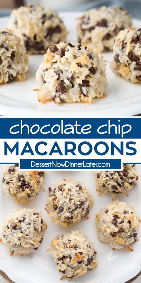 Chocolate Chip Macaroons elevates plain coconut macaroons with the addition of chocolate chips. Made easy with shredded coconut, sweetened condensed milk, flour, vanilla and salt. (No egg whites.) Shredded Coconut Recipes, Chocolate Chip Macaroons, Coconut Sweetened Condensed Milk, Coconut Chocolate Chip Cookies, Macaroon Recipes, Coconut Macaroons, Magic Recipe, Best Comfort Food, Oatmeal Chocolate Chip Cookies