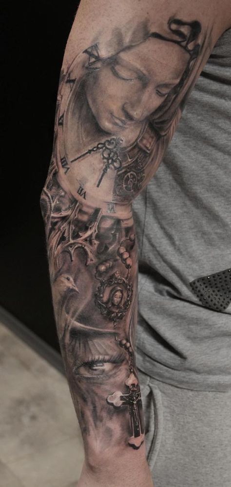 Amazing full sleevetattoo Tattoo full inked tattooideasforman Religiös#catholic#Sacred Pieta Maria Holy Mary Virgin Mary Holy Tattoos, Maria Tattoo, Mary Virgin, Virgin Mary Tattoo, Mary Tattoo, Skull Sleeve Tattoos, Skull Sleeve, Jesus Tattoo, Religious Tattoos