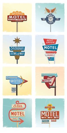 50's n 60's Styling - My most favorite of design eras. Motel Signs Retro, Vintage Motel Sign Illustration, Old Motel Signs, Vintage Sign Illustration, Neon Signs Design, Retro Signage Design, Vintage Signage Design, Neon Sign Vintage, Retro Sign Illustration