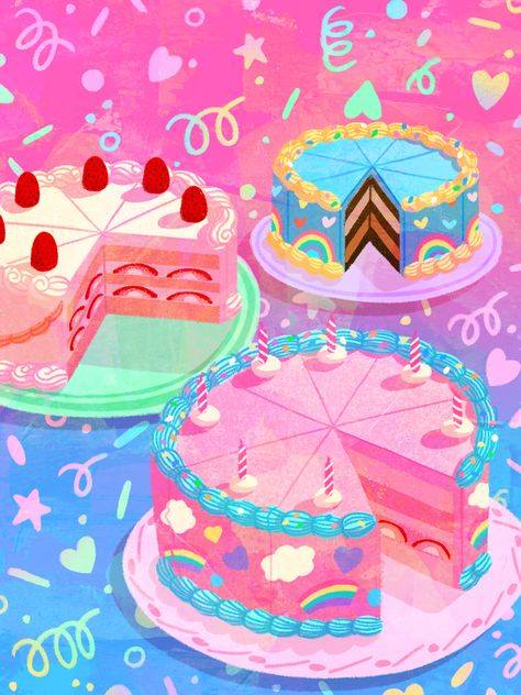 An illustration of colorful cakes Candyland Illustration, Cute Cake Illustration, Sweets Illustration, Jasmine Images, Palette Illustration, Dreamy Illustration, Birthday Artwork, Cake Colors, Birthday Cake Illustration