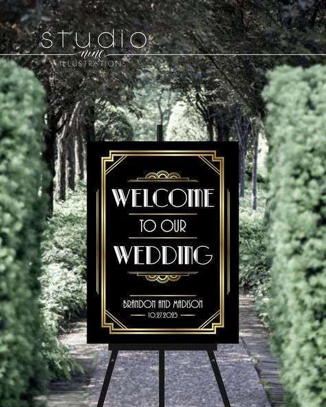 Editable Welcome To Our Wedding 18x24 Sign Template | Gold Gatsby Wedding Welcome Sign | Art Deco Roaring 20s Party Sign Printable This DIY PRINTABLE Gatsby Gold Art Deco Bar Sign template is an editable, easy-to-personalize design. Customize your template on TEMPLETT.COM, an online editor that allows you to personalize your templates without installing any software or fonts. Easily change the fonts, font colors, and background color to match your event style. You can even try before you buy! -- Art Deco Welcome Sign, Art Deco Wedding Signage, Art Deco Wedding Decorations, Roaring 20s Wedding Theme, Welcome Sign Art, 20s Wedding Theme, 20s Theme, 1920 Wedding, Speakeasy Wedding