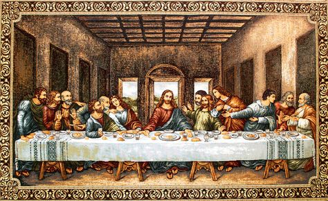 Tapiz de la Última Cena de Leonardo Da Vinci. http://www.articulosreligiososbrabander.es/comprar-tapiz-ultima-cena-leonardo-da-vinci.html. / The Last Supper by Leonardo Da Vinci / A Última Ceia do Leonardo Da Vinci / Il cenacolo o L’ultima cena #Tapiz #TapizPared #Tapestry #Lastsupper #ÚltimaCena Catholic Church Stained Glass, The Last Supper Painting, Famous Art Paintings, Jesus Christ Illustration, Catholic Pictures, Jesus Christ Painting, Church Pictures, Pictures Of Christ, Mother Art