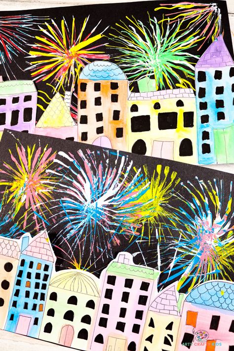 Craft into the New Year with our super easy and fun New Years Fireworks Art project for kids! This mixed media fireworks art project is the perfect way for kids to explore celebrations within art, whether that's for New Years, Fourth of July or Bonfire Night. New Year’s Art For Kids, New Years Art Projects For Kids, January Crafts For Kids, New Years Craft, New Years Art, Bonfire Night Crafts, Fireworks Painting, New Years Fireworks, Fireworks Craft For Kids