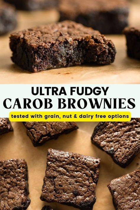 Swap out cocoa for carob powder to make these rich, gooey, fudgy brownies! Carob has a is naturally sweet, fruity and rich flavor that works well as a cocoa substitute in baked goods. Make sure to check the recipe notes for the grain, nut and dairy free options! Carob Chips Recipes, Carob Brownies, Carob Cake, Carob Recipes, Vegan Butter Substitute, Carob Chocolate, Easy Gluten Free Desserts, Carob Powder, Carob Chips