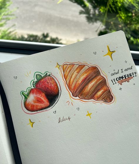 I love croissants <3🥐 • • #art #artist #artistsoninstagram #draw #drawing #drawings #aesthetic #aestheticart #artpost #sketch #sketchdaily #instagramart #coloredpencil #coloredpencils #cute #cutedrawing #like #feed #artfeed Mini Colored Pencil Drawings, Aesthetic Food Sketch, Croissant Drawing Simple, Artes Aesthetic, Colored Pencil Sketchbook, Food Drawing Sketches, Croissant Drawing, Mini Sketchbook, Food Art Painting