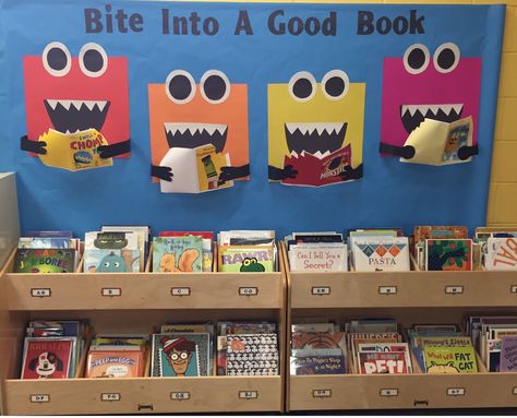 Bite Into A Good Book - October bulletin board.  Chomp! Falling For Books Bulletin Board, Fall Into Reading Bulletin Board, Read More Books Halloween Bulletin Board, Scholastic Book Fair Bulletin Board, Teachers Favorite Books Bulletin Board, Holes Book, Book Bulletin Board, October Bulletin Boards, November Books