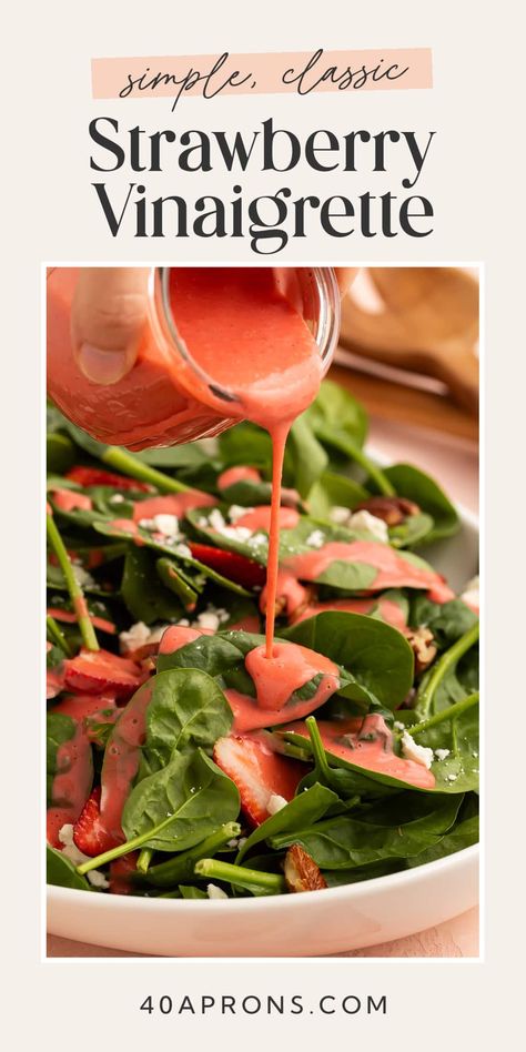 This sweet strawberry vinaigrette is the perfect salad dressing for spring and summer! Made with just 4 ingredients - including fresh or frozen strawberries - and ready in as little as 5 minutes, so it's great for last-minute lunches or sudden cravings. One bite of this beautiful dressing will make you forget all about the store-bought stuff! Best Homemade Salad, Strawberry Salad Dressing, Homemade Salad Dressings, Strawberry Vinaigrette, Sauces Recipes, Balsamic Vinaigrette Dressing, Strawberry Balsamic, Vinaigrette Salad, Vinaigrette Recipes