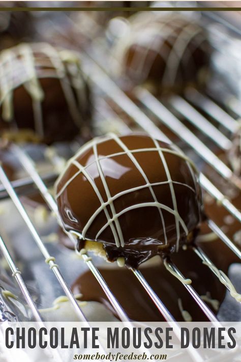 Chocolate-lover's dream, these impressive-looking mirror-glazed chocolate domes are made with two types of mousse inside - dark chocolate and almond! Sat on a circle of joconde sponge and served with an almond brittle, this is the most decadent rich desserts you'll ever taste! #chocolatedessert #chocolatedome #mousse Mousse Bombe Desserts, Domed Tartlets, Dome Desserts Recipe, Domed Desserts, Chocolate Dome Dessert, Tiny Deserts, Sphere Desserts, Chocolate Mousse Dome, Elevated Desserts