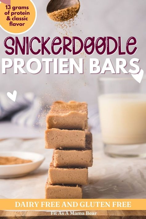 Cinnamon sugar being sprinkled onto dairy free protein bars stacked on top of one another with text on the image. Protein Bars Vegan, Dairy Free Protein Bars, No Bake Protein Bars, Gluten Free Protein Bars, Gluten Free Snickerdoodles, Healthy Protein Bars, Vegan Protein Bars, Plant Based Snacks, Plant Based Protein Powder