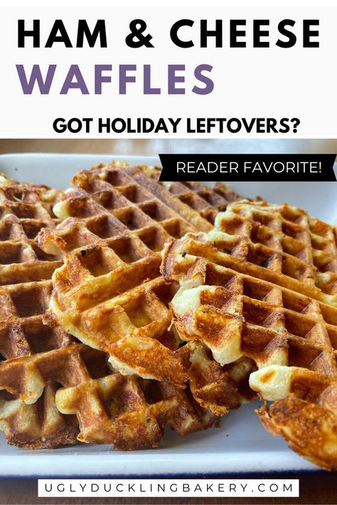 three crispy waffles on a white plate. The title says ham and cheese waffles. Got holiday leftovers? Reader favorite. The website ugly duckling bakery dot com is at the bottom. Savory Waffles Breakfast, Stuffed Waffles Recipe, Cheesy Waffles, Recipes For Leftover Ham, Dinner Waffles, Peanut Butter Waffles, Hashbrown Waffles, Cheese Waffles, Holiday Leftovers