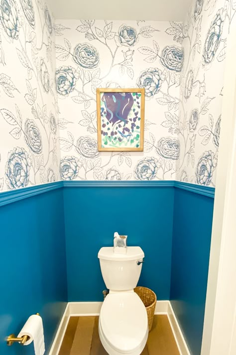 Half Wall Bathroom Wallpaper, Chair Rail Wallpaper Bathroom, Chair Rail Ideas Wallpaper, Half Bath With Chair Rail And Wallpaper, Half Bath Chair Rail, Chair Rail Bathroom Ideas, Half Bath With Chair Rail, Bathroom Chair Rail Wallpaper, Chair Rail Molding Bathroom