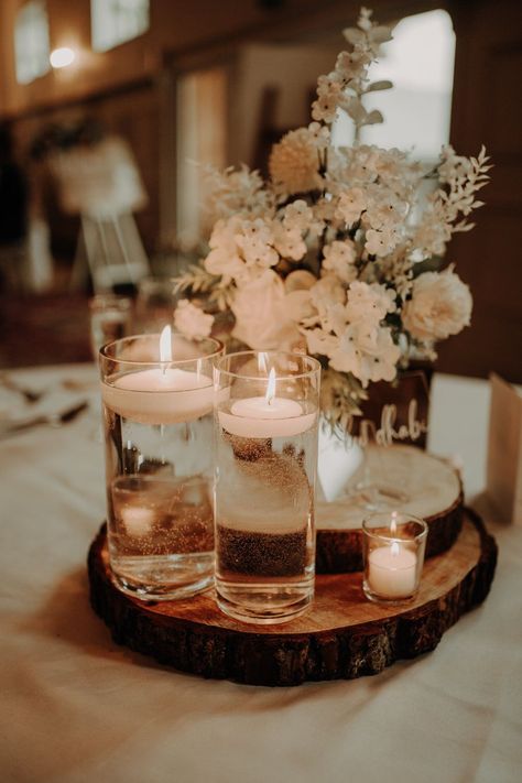 Water Candles Wedding, Log Slices Centerpiece, Log Decorations Wedding, Wedding Table Decorations Candles And Flowers, Log Wedding Centerpieces, Log Centrepiece Wedding, Log Slice Table Decorations, Log Slice Centerpiece Wedding, Autumn Wedding Centrepiece