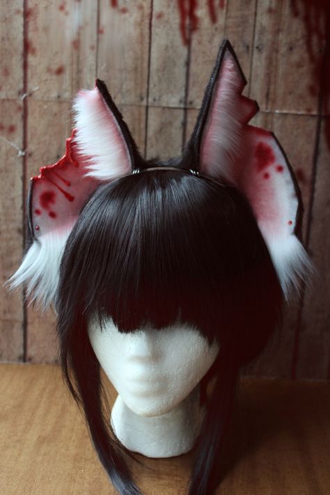 🦇 Bloody Bat Ears 🦇 🖤 Made with high quality faux fur 🖤 Details are airbrushed on and 3-D paint to add dripping effect 🖤 Small red crystal on each ear 🖤 Ear Jewelry (rings/chains) can be added for $5.00 extra Bat Ears Headband, Bat Cosplay, Wolf Ears And Tail, Dripping Effect, Faux Fur Ears, Bat Ears, Bat Costume, Animal Accessories, Wolf Ears