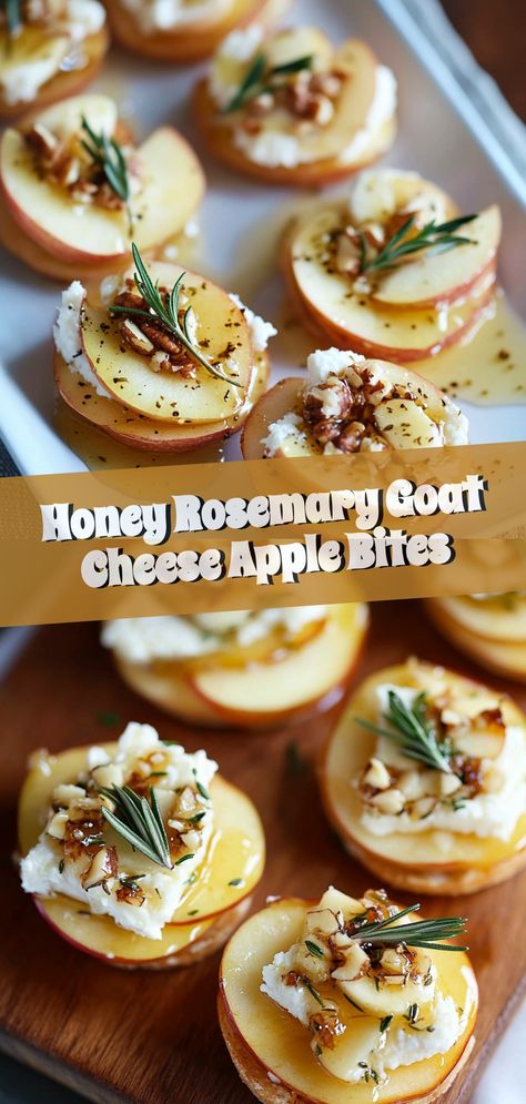 Indulge in the exquisite taste of Honey Rosemary Goat Cheese Apple Bites—a perfect fusion of creamy goat cheese, crisp Honeycrisp apples, and fragrant rosemary. An ideal choice for any gathering or a cozy night in, these bites are quick to prepare yet offer a gourmet experience. Top each cracker or bread slice with rosemary-infused goat cheese, a slice of apple, and a dribble of honey for a stunning, flavorful treat. Perfect for food lovers seeking a delightful and easy-to-make appetizer. #foodie #appetizer #easyrecipes #gourmetsnack #flavorful Goat Cheese Flavors, How To Make Goat Cheese, Goat Cheese Board, Goat Cheese Mousse, Finger Food Menu, Goat Cheese Log, Apple Bites, Christmas Finger Foods, Goat Milk Recipes