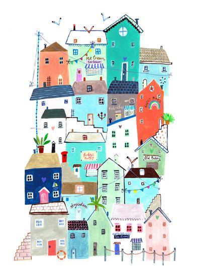 Pope Twins | Advocate Art Seaside Town Illustration, Seaside Aesthetic, Coastal Cottages, 가족 일러스트, Architecture Illustrations, House Illustrations, James Middleton, Cottage Prints, Rainbow House