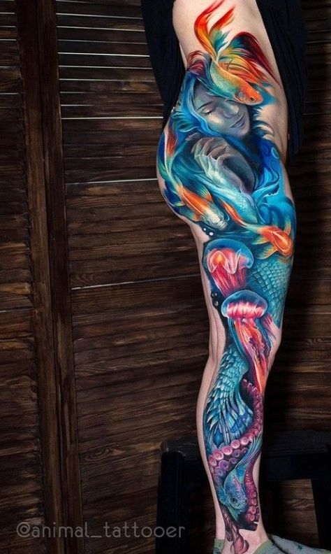 Women Leg Sleeve Tattoo Ideas Color, Ocean Tattoo Sleeve For Women Colour, Jellyfish Sleeve Tattoo, Color Leg Tattoos, Mermaid Sleeve Tattoos For Women, Realistic Mermaid Tattoo, Mermaid Leg Tattoo, Mermaid Sleeve Tattoos, Colored Tattoo Design