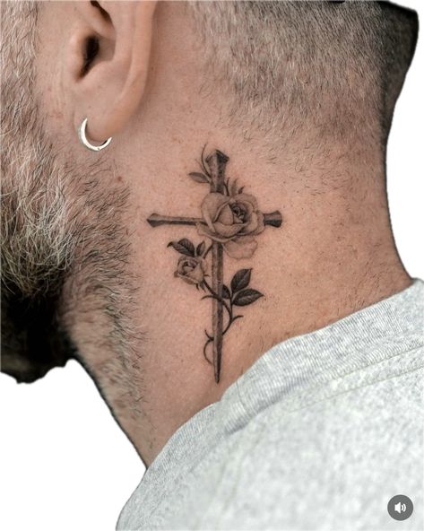 Men’s Tattoos Side Of Neck, Nice Neck Tattoos For Men, Big Neck Tattoo Men, Neck Side Tattoo Men, Gf Name Tattoo Ideas For Men, Cross Tattoos For Men Neck, Cross Tattoos For Men On Chest, Cross Behind The Ear Tattoo, Men’s Back Neck Tattoo Ideas