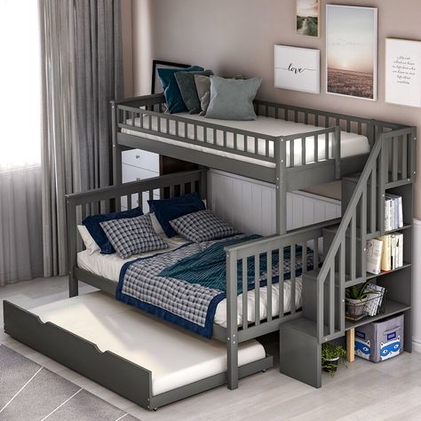 Full Bed With Trundle, Stairway Bunk Beds, Gray Furniture, Solid Wood Bunk Beds, Twin Trundle Bed, Twin Over Full Bunk Bed, Full Bunk Bed, Wood Bunk Beds, Bunk Beds With Storage