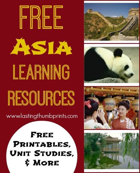 This great Asia Unit Study from Lasting Thumbprints includes printables, Unit Studies, activities,  links to resources, and More! Learn about Montessori Geography, Asia Continent, Social Studies Education, American History Lessons, Asian Studies, Teaching Geography, Homeschool Geography, Homeschool Social Studies, Asia Map