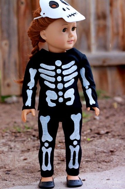 Halloween Skeleton Costume for American Girl or 18 Inch Doll | Many Small Friends Skeleton Costume Diy, Halloween Skeleton Costume, American Girl Halloween, Diy Skeleton, Skeleton Pattern, American Girl Diy, Skeleton Halloween Costume, Doll Halloween Costume, American Girl Crafts