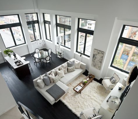 Great black/white. Love the traditional dining chairs, awesome windows (transoms!) and dark floors. Dark Flooring, Black And White Dining Room, Dark Floors, 1st Apartment, White Dining Room, Black And White Interior, Black Floor, White Furniture, Small Apartment