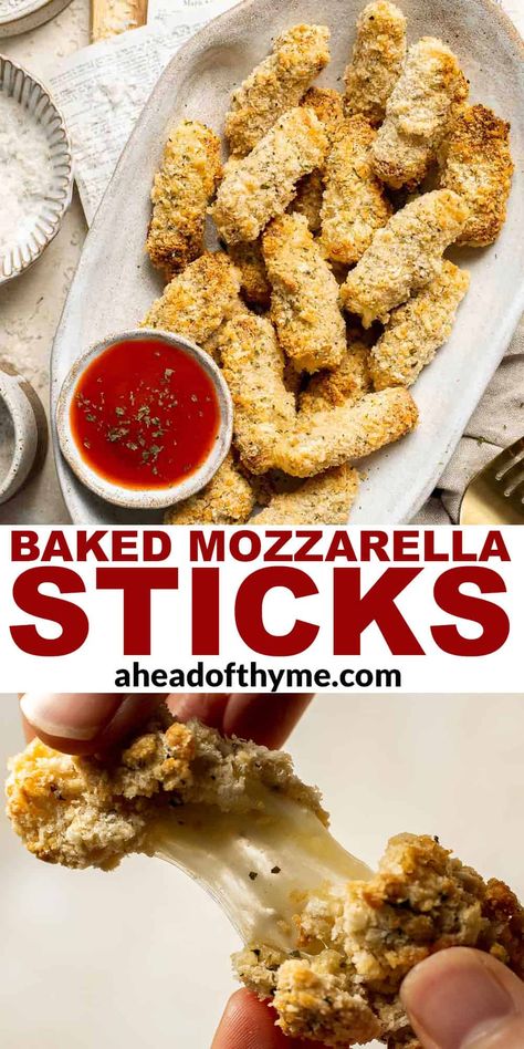 Baked Mozzarella Sticks String Cheese Mozzarella Sticks, Baked Mozzarella Sticks, Seafood Noodles, Baked Mozzarella, Homemade Mozzarella Sticks, Rice Cookies, Homemade Mozzarella, Cheesy Appetizer, Cheese Mozzarella