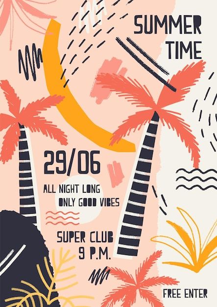 Vector bright colored invitation or post... | Premium Vector #Freepik #vector #tropical-poster #tropical-flyer #tropical-party #beach-flyer Outdoor Dance Party, Summer Party Poster, Beach Party Flyer, Event Announcement, Party Vector, Jungle Plants, Tropical Poster, Palm Trees Painting, Paint Stains