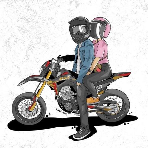 Couple Motard, Cartoon Motorcycle, Bangla Status, Status Pic, Pic Couple, Bike Couple, Motorbike Art, Biker Couple, Motorcycle Drawing