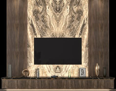 Tv set 37 on Behance Stone Veneer Tv Unit, Veneer Tv Unit, Tv Lounge Design, Luxury Tv Wall, Tv Room Decor, Tv Mural, Backdrop Tv, Ruang Tv, Tv Lounge