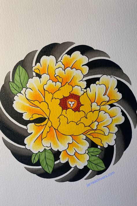 Japanese peony painted in tattoo style Yellow Peony Tattoo, Peony Paintings, Japanese Peony Tattoo, Geometric Owl Tattoo, Japanese Peony, Dragon Tattoo Sketch, Yellow Peony, Geometric Owl, Japanese Flower Tattoo