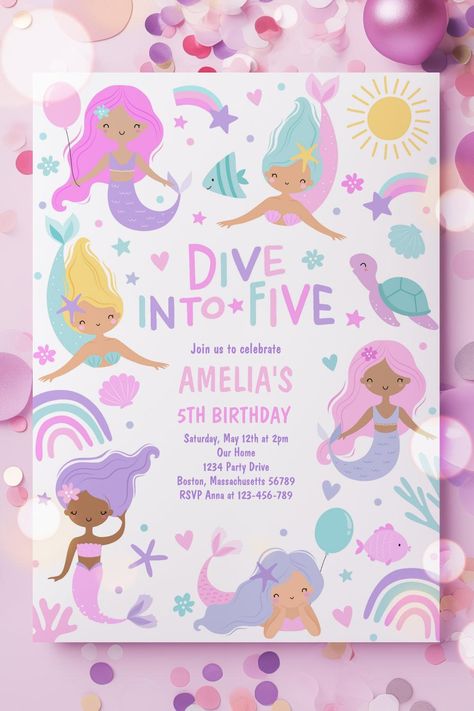 Mermaid Under The Sea Dive Into Five 5th Birthday Invitation Girl Birthday Themes 5th, Fifth Birthday Party, 5th Birthday Invitation, Birthday Party Girl, Fifth Birthday, Magical Birthday, Mermaid Under The Sea, Mermaid Birthday Invitations, Girl Birthday Themes