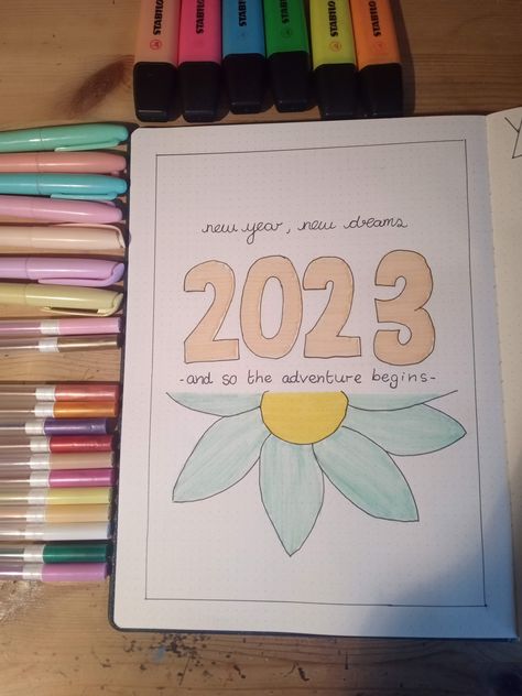 A cute way of introducing the new year in your bujo Year Page Bujo, New Year Drawing Ideas 2024, 2024 Title Page, New Year Journal Page, Bujo Year Cover 2024, Bujo Year Cover, New Years Drawing Ideas, Bullet Journal Title Page, New Year's Drawings