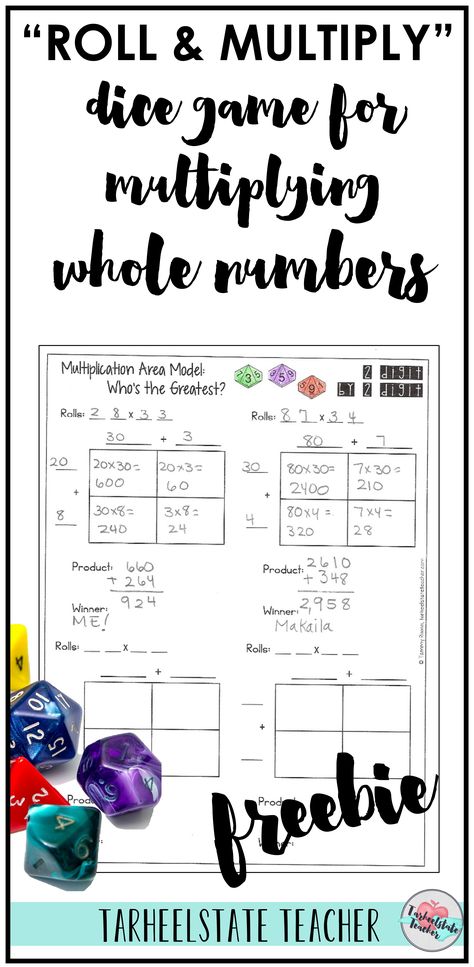 Looking for a free game to help your students learn to multiply whole numbers and to make your multiplication unit more fun and rigorous for your 4th or 5th graders? Using the "Roll and Multiply" dice game your students can practice the area model for multiplication or the standard algorithm. Multiple printables included at different levels of multiplicaton so you have exactly what you need to differentiate. Grab your free differentiated multiplication game for multiplying whole numbers and get Area Model Multiplication Activities, Area Model Multiplication, 4th Grade Multiplication, Game For Students, Multiplication Game, Area Model, Multiplication Activities, Multiplication Practice, Whole Numbers