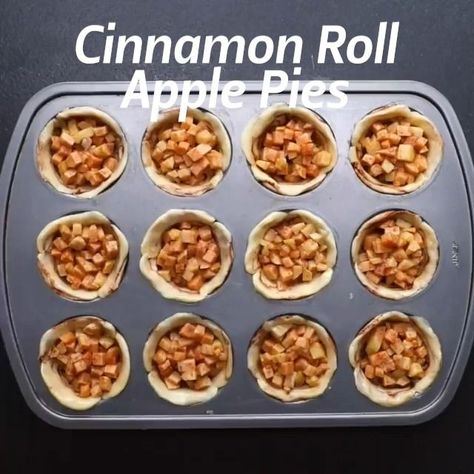 Easy Muffin Tin Cinnamon Roll Apple Pies | cinnamon roll, apple pie, autumn, muffin | With fall just around the corner, these are a must-try! | By Twisted Mini Apple Pies In Muffin Tin Cinnamon Roll, Cinnamon Rolls Apple Pie, Cinnamon Roll Apple Pie Cups, 2023 Desserts, Apple Pie Tarts, Apple Pie Muffins, Cinnamon Roll Apple Pie, Cinnamon Desserts, Apple Pastry