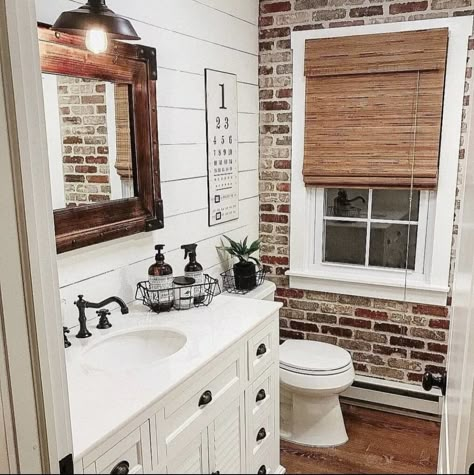 Brick And Shiplap, Future Bathroom, Farmhouse Bathroom Decor Ideas, Shiplap Bathroom, Brick Interior, Farmhouse Glam, Faux Brick Walls, Design Palette, Faux Brick