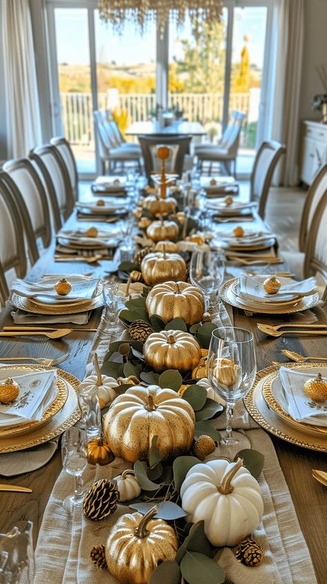 30+ Modern Thanksgiving Tablescapes To Elevate Your Celebration Fall Decorated Dining Table, Luxurious Fall Decor, Pumpkin Dining Table Decor, Thanksgiving Dinner Setting, Fall Cocktail Table Decor, Dining Table Halloween Decor, Modern Fall Tablescapes, Hosting Friendsgiving Table Setting, Thanksgiving Set Up