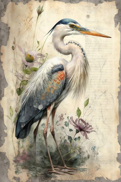 Blue Heron Painting, Heron Painting, Heron Tattoo, Heron Bird, Vintage Bird Illustration, Heron Art, Painting Birds, Grey Heron, Spirit Animal Art