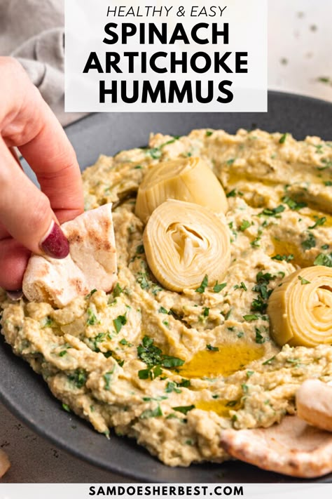 The BEST of both worlds! Super easy and ultra delicious spinach artichoke hummus. One of my all-time favorite healthy snacks or appetizers! Spinach Artichoke Hummus Recipe, Artichoke Hummus Recipe, Artichoke Hummus, Hummus Healthy, Best Hummus Recipe, Hummus Recipe Homemade, Hummus Dip, Artichoke Recipes, Charcuterie Recipes