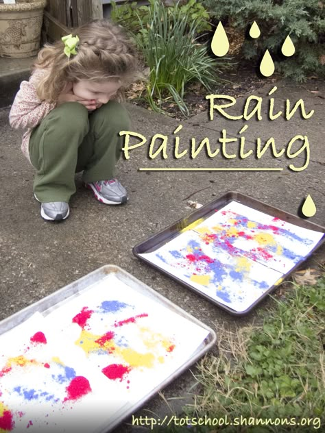 Rain Painting Reggio Weather Activities, Messy Outdoor Art For Kids, Forest School Water Activities, Powder Paint Activities, Painting With Rain, Nature Learning Activities Preschool, Weather Eyfs, Rain Activities, Weather Theme