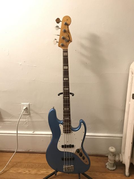 Blue Fender Guitar, Blue Bass Aesthetic, Blue Bass Guitar Aesthetic, Blue Bass Guitar, Jazz Bass Guitar, Pretty Guitars, Fender Jazz Bass, Fender Jazz, Lake Placid Blue