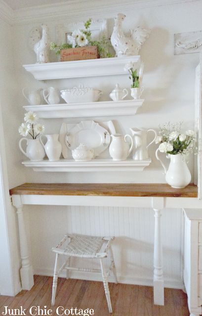 White Pitchers, Hutch Styling, Junk Chic Cottage, Vintage Pantry, Making A Bench, Pantry Shelving, White Pitcher, Farmhouse Remodel, Shabby Style