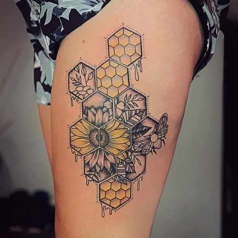 Honeycomb Bee Tattoo Design, Honey Bee Tattoo Sleeve, Hexagon Nature Tattoo, Honeycomb Serotonin Tattoo, Bee Color Tattoo, Flower Honeycomb Tattoo, Bee Tattoos With Honeycomb, Honeycomb Dripping Honey Tattoo, Honey Comb And Flower Tattoo Sleeve