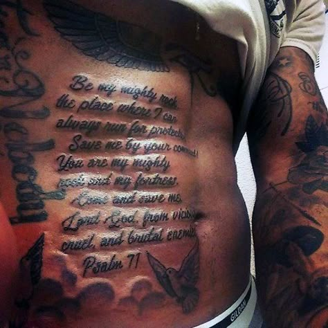 Psalm Religious Quote Mens Stomach Side Tattoos Mens Stomach Tattoo, Belly Tattoo Ideas, Stomach Tattoo Ideas, Side Stomach Tattoos, Abdomen Tattoo, Lower Stomach Tattoos, Cactus Tattoos, Tattoos With Deep Meaning, Ab Tattoo