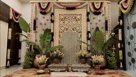 South Indian Engagement Decor, Pelli Kuturu Decoration, Indian Engagement Decorations At Home, Pelli Kuthuru Decoration At Home, Pellikoduku Decorations At Home, Sathyanarayana Pooja Decoration At Home, Pellikoduku Decorations, Pellikuthuru Decoration At Home, Pellikuthuru Decor