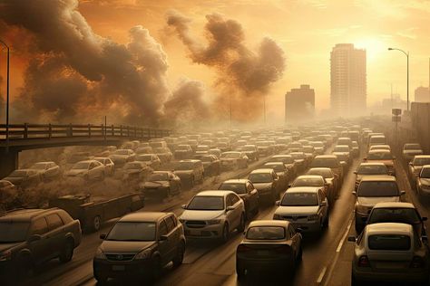 Air pollution in the city. Pollution of the environment concept. car traffic in the city air pollution, AI Generated Air Pollution Pictures, Car Pollution, Traffic Pollution, City Pollution, Pollution Pictures, Pollution Poster, Air Pollution Poster, Car Traffic, Traffic Congestion