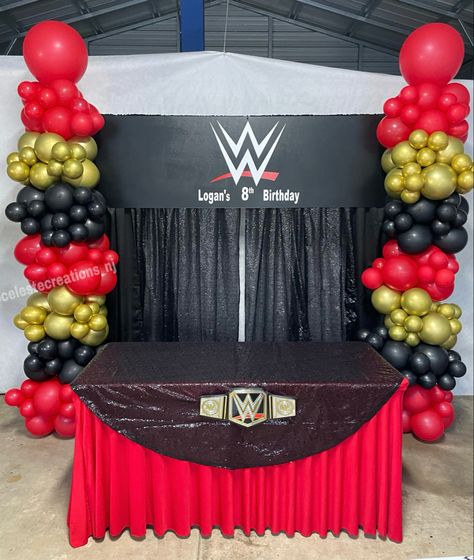 Wrestling Bday Party Ideas, Wresting Birthday Party, Wwe Balloon Arch, 40th Birthday Wrestling Theme, Wwe Trunk Or Treat Ideas, Wwe Birthday Decorations, Wrestling Party Decorations, Wrestling Trunk Or Treat, Wrestlemania Birthday Party