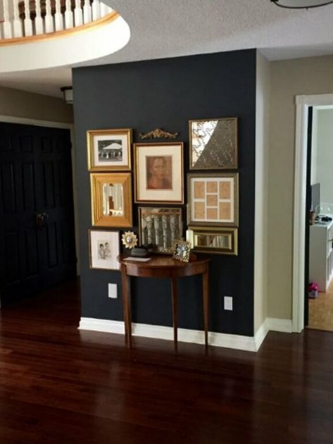 Black Accent Wall Living Room, Iron Family, Benjamin Moore Wrought Iron, Wrought Iron Paint, Dining Room Accent Wall, Demilune Table, Wall Color Combination, Dining Room Paint Colors, Black Accent Walls