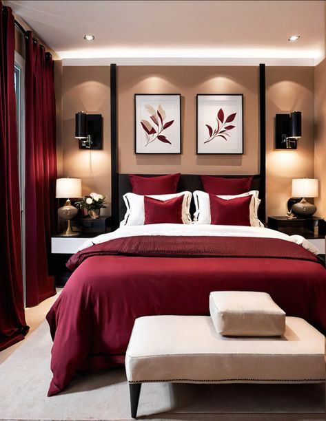 Red Bedrooms Ideas, Light Red Bedroom, Beige Walls Bedroom, Burgundy Room, Painting Table, Fall Bedroom Ideas, Beige Room, Cozy Fall Bedroom, Beige Bedroom